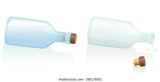 Horizontal lying, fallen bottles - one is filled with water or any other clear liquid, the other one is uncorked and empty. Isolated vector illustration on white background.
