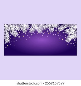 Horizontal magic Christmas violet banner with paper cutting white conifer branches vignette for winter holiday greetings, party invitation