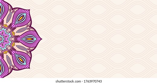 Horizontal mandala banner. Decorative flower mandala background with place for text. Colorful abstract graphics. Arabic Islamic east style. Vector color illustration.
