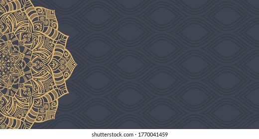 Horizontal mandala banner. Decorative flower mandala background with place for text. Colorful abstract graphics. Arabic Islamic east style. Vector color illustration.