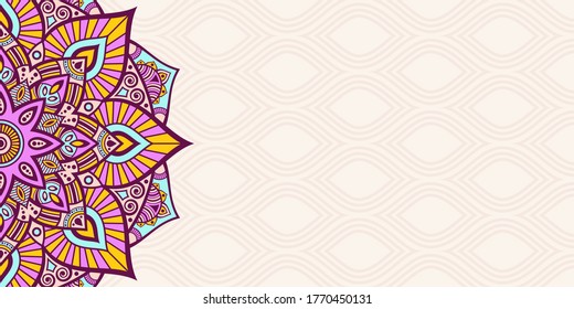 Horizontal mandala banner. Decorative flower mandala background with place for text. Colorful abstract graphics. Arabic Islamic east style. Vector color illustration.