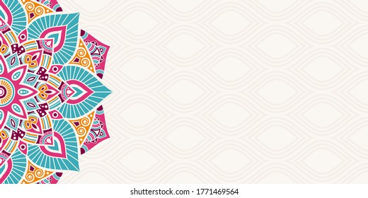 Horizontal mandala banner. Decorative flower mandala background with place for text. Colorful abstract graphics. Arabic Islamic east style. Vector color illustration.