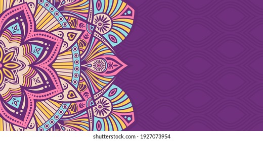 Horizontal mandala banner. Decorative flower mandala background with place for text. Color mandala on purple background. Arabic Islamic style. Pink, yellow, blue colors. Vector color illustration.