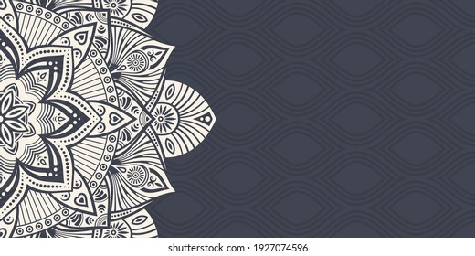 Horizontal mandala banner. Decorative flower mandala background with place for text. Beige mandala on dark background. Arabic Islamic east style. Vector color illustration.