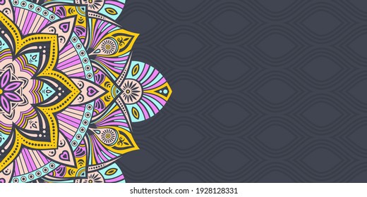 Horizontal mandala banner. Decorative flower mandala background with place for text. Color mandala on dark background. Arabic Islamic style. Yellow, turquoise, blue colors. Vector color illustration.