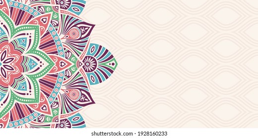 Horizontal mandala banner. Decorative flower mandala background with place for text. Colorful abstract graphics. Arabic Islamic east style. Green, pink, blue, purple colors. Vector color illustration.