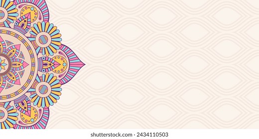 Horizontal mandala vector banner. Decorative flower mandala background with place for text. Colorful ornamental ethnic banner. Arabic Islamic east style. Vector color illustration.