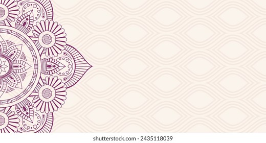 Horizontales Mandala Vektor-Banner. Dekorative Blume Mandala Hintergrund mit Platz für Text. Lila Mandala auf beigem Hintergrund. Farbe Ornamentale ethnische Banner. Arabisch Islamischer Ost-Stil.