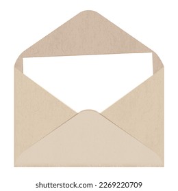 Horizontal manila envelope with sheet of paper isolated on white background. Craft paper with grainy texture. Beige blank kraft cardboard. Recycled package carton vector illustration