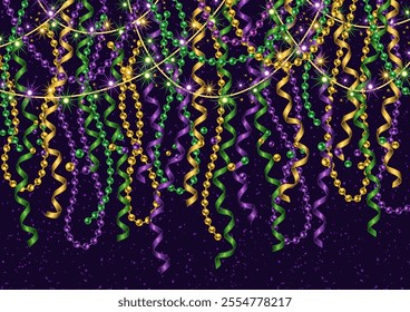 Horizontal Mardi Gras carnival banner with vertical randomly hanging strings of beads, streamer ribbons. Backdrop, photo booth design for festival, carnival, party, holiday events. A4