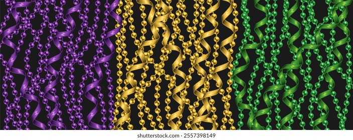 Horizontal Mardi Gras carnival banner with vertical hanging strings of beads, streamer ribbons. Backdrop, photo booth design for festival, carnival, party, holiday events