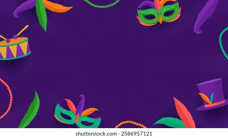 Horizontal Mardi Gras copy space template background. Purple Mardi Gras background