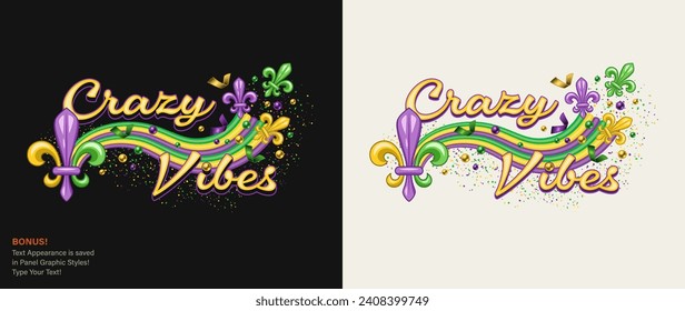 Etiqueta horizontal Mardi Gras con cuentas dispersas, Fleur de Lis, texto Crazy Vibes. Para impresiones, ropa, camisetas Diseño Texto editable estilo gráfico incluido