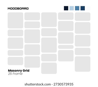 Horizontal moodboard de rejilla de mampostería con 25 marcos y paleta azul para diseños editoriales y visuales