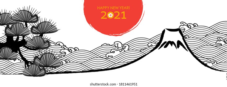 Horizontal material for the 2021 New Year.
Japanese traditional landscape with Mt. Fuji, first sunrise and pine trees