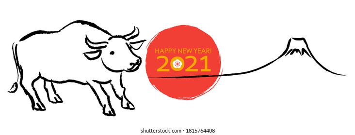 Horizontal material for the new year of 2021. Mt. Fuji, the first sunrise of the year with cow (2021 zodiac sign) traditional Japanese landscape, which are.