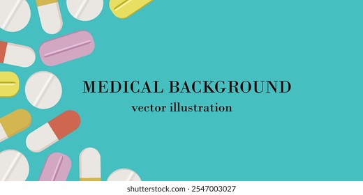 Horizontal medical background with different pills.