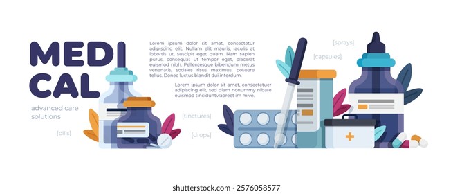 A horizontal medical-themed banner featuring of pharmaceutical items such as pills, a dropper bottle, and a first aid kit, accompanied by the bold text on a white background