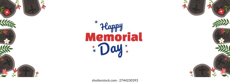 horizontal memorial day banner featuring a frame of cemetery headstones and blossoms