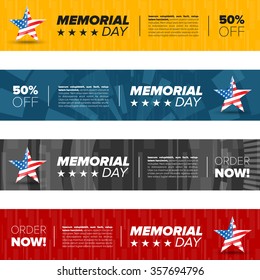 horizontal memorial day banner set with icons and sample text