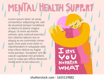 Horizontal mental health support flyer or card template. Hand-drawn lettering title. People hugging, supporting each other. Pastel color palette.