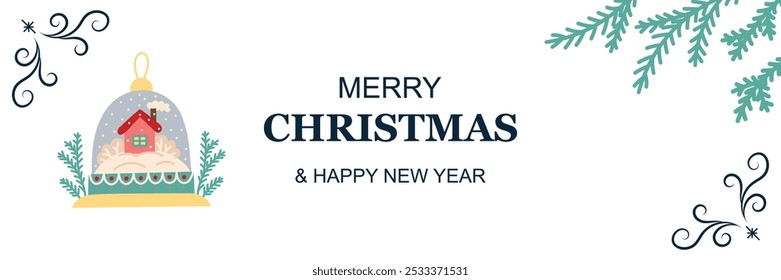 Horizontal merry Christmas banner with house in a snow dome. Greeting card on white background. Christmas and New Year. Vector illustration.