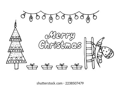 Horizontal Merry Christmas banner with Santa Claus and Christmas tree in doodle style. vector illustration