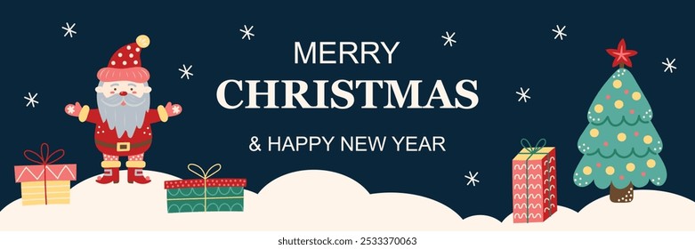 Horizontal Merry Christmas Banner with Santa Claus and gift boxes. Greeting card on dark background. Christmas and New Year. Vector illustration.