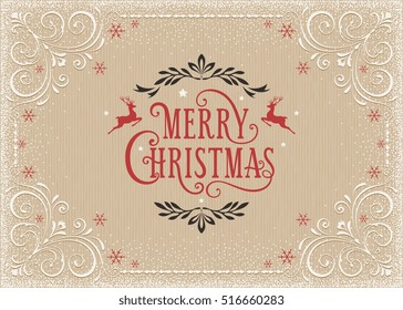 Horizontal Merry Christmas card with ornate typographic design and deers on the cardboard background. Vector illustration.