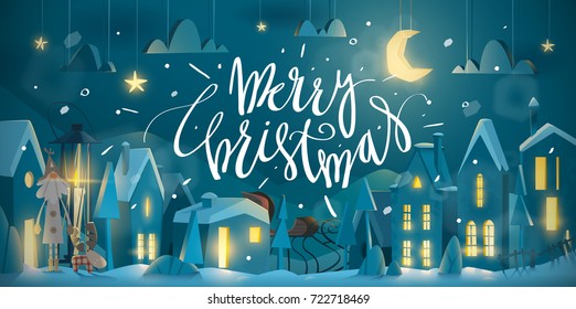 Horizontal Merry Christmas Card for winter holiday. Night time with snowfall