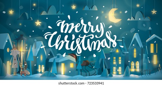 Horizontal Merry Christmas Card for winter holiday. Night time with snowfall