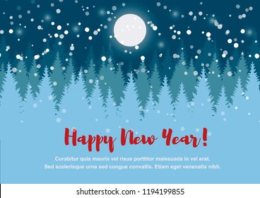 Horizontal Merry Christmas and Happy New Year greeting card. Christmas tree winter landscape.