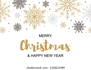 Horizontal Merry Christmas and Happy New Year greeting card with beautiful golden and black snowflakes. Christmas design for banners, posters, massages, announcements. Space for text