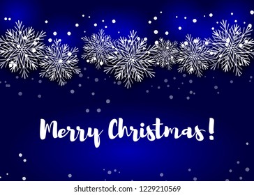Horizontal Merry Christmas and Happy New Year greeting card with beautiful paper cut snowflakes. Christmas design for banners, posters, massages, announcements. Space for text