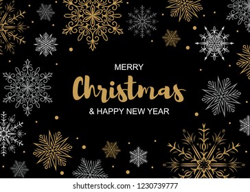 Horizontal Merry Christmas and Happy New Year greeting card with beautiful golden and white snowflakes on black background. Christmas design for banners, posters, massages. Space for te