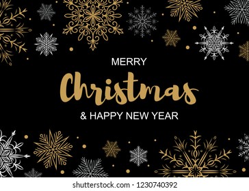 Horizontal Merry Christmas and Happy New Year greeting card with golden and white snowflakes on black background. Christmas design for banners, posters, massages, announcements. Space for te