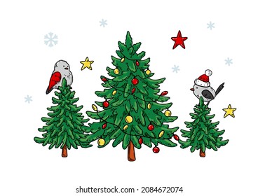 Horizontal Merry Christmas and Happy New Year greeting card with cute birds and Christmas trees. Hand drawn vector illustration