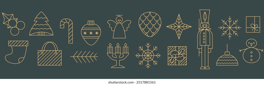 Horizontal Merry Christmas, Happy New year golden icons. Elegant modern outline xmas modern elements seamless banner.