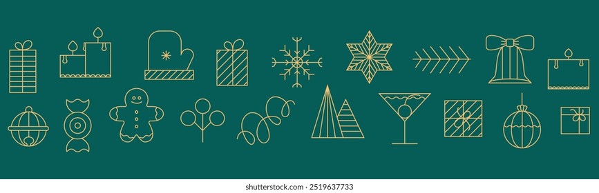 Navidades alegres Horizontales, diseño feliz del contorno del año Nuevo con los copos de nieve, bola, juguete, árbol. Elegante icono de línea dorada moderna de Anuncio sin costuras.