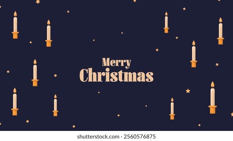 Horizontal Merry Christmas, Happy New Year greeting card and candles on dark background.Greeting text for cold season celebration.Winter days.Great for banners, wallpapers.