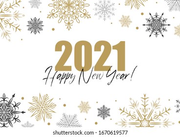 Horizontal Merry Christmas and New Year greeting card with beautiful golden snowflakes on white background. Christmas design for banners, posters, massages, postcards, announcements. Space for text