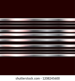 Horizontal metal stripes on a dark background. Polished texture, chrome, silver, steel, aluminum. Design concept. Vector illustration