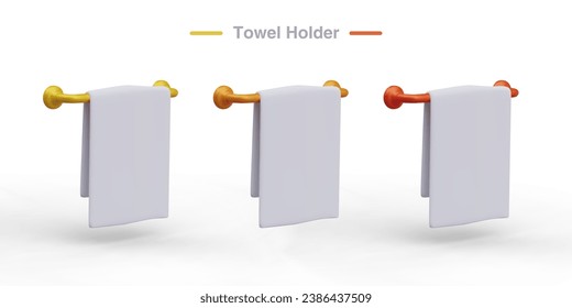 Horizontal metal towel holder. Set of 3D vector illustrations of different colors. White towel with place for logo, mockup. Accessory for bathroom, kitchen