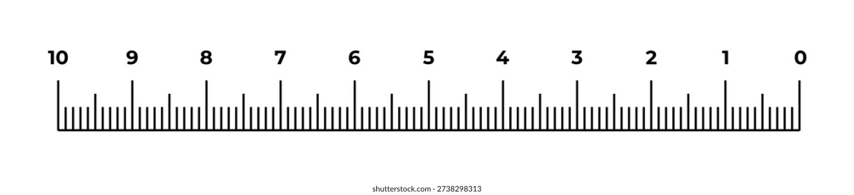Escala de Regla métrica Horizontal que muestra incrementos de centímetros y milímetros de cero a diez para aplicaciones de ingeniería de precisión, cálculos matemáticos y redacción técnica.