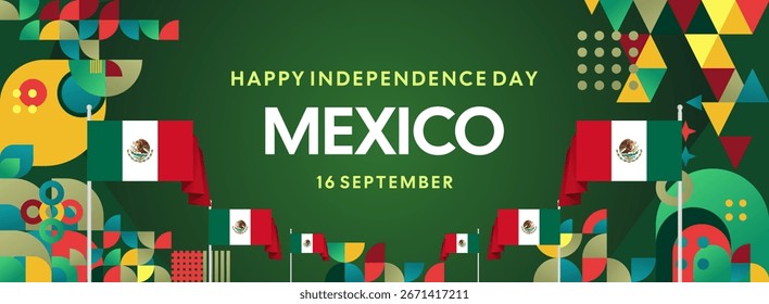 Horizontal Mexico Independence Day background with national flag, geometric ornaments, and festive colors. Ideal for banners, posters, web header, promotions, and event campaigns. Happy Mexico Day