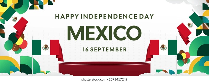 Fondo Horizontal del Día de la Independencia de México con bandera nacional, adornos geométricos y colores festivos. Ideal para Anuncios, carteles, encabezado de Web, promociones y campañas de eventos. Feliz día de México