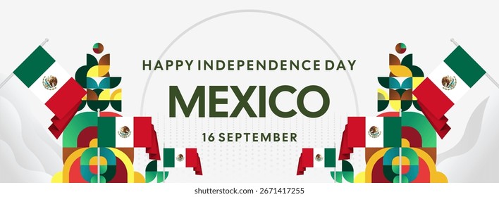 Fondo Horizontal del Día de la Independencia de México con bandera nacional, adornos geométricos y colores festivos. Ideal para Anuncios, carteles, encabezado de Web, promociones y campañas de eventos. Feliz día de México