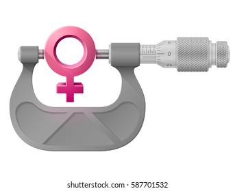 Horizontal micrometer measures female symbol. Concept of woman sign and measuring tool. Vector illustration