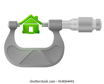 Horizontal micrometer measures house symbol. Concept of home sign and measuring tool. Vector image