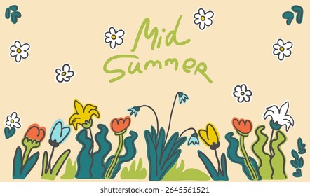 horizontal meados verão ilustração em estilo desenhado à mão em vetor. elementos para decoração design cartão postal impressão adesivo cartaz fundo